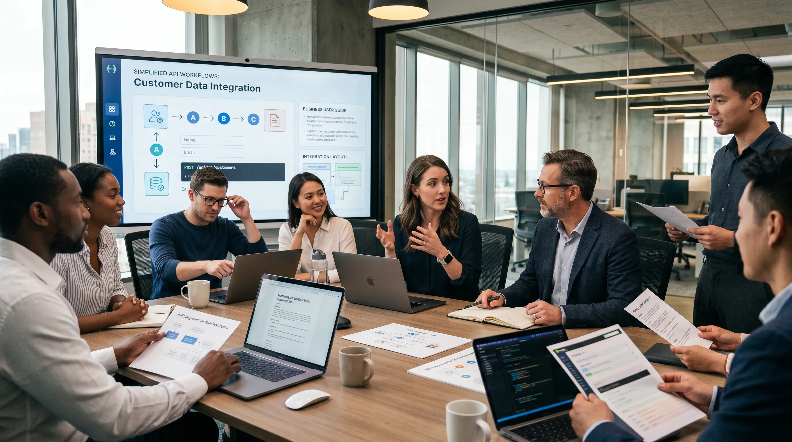 Business and technical teams reviewing API documentation together