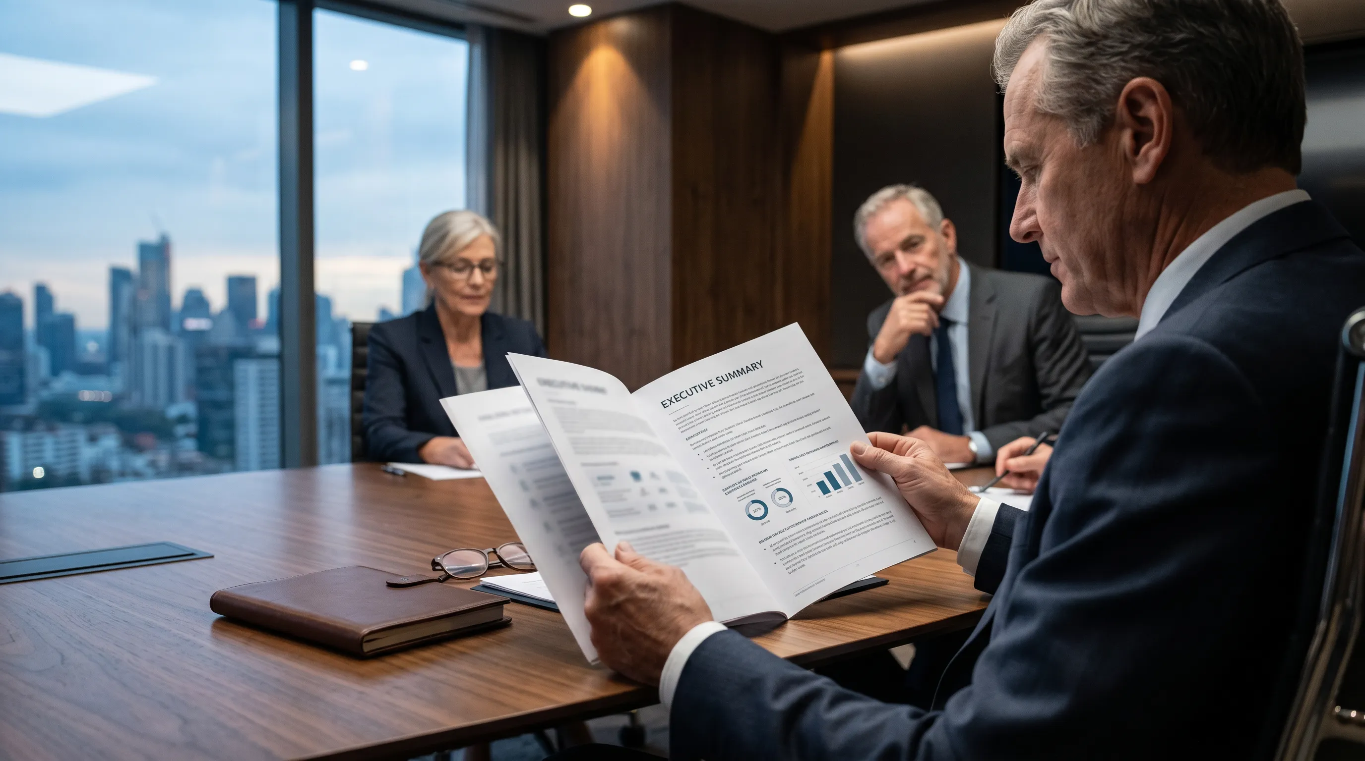 Executives reviewing an executive summary document in a corporate boardroom