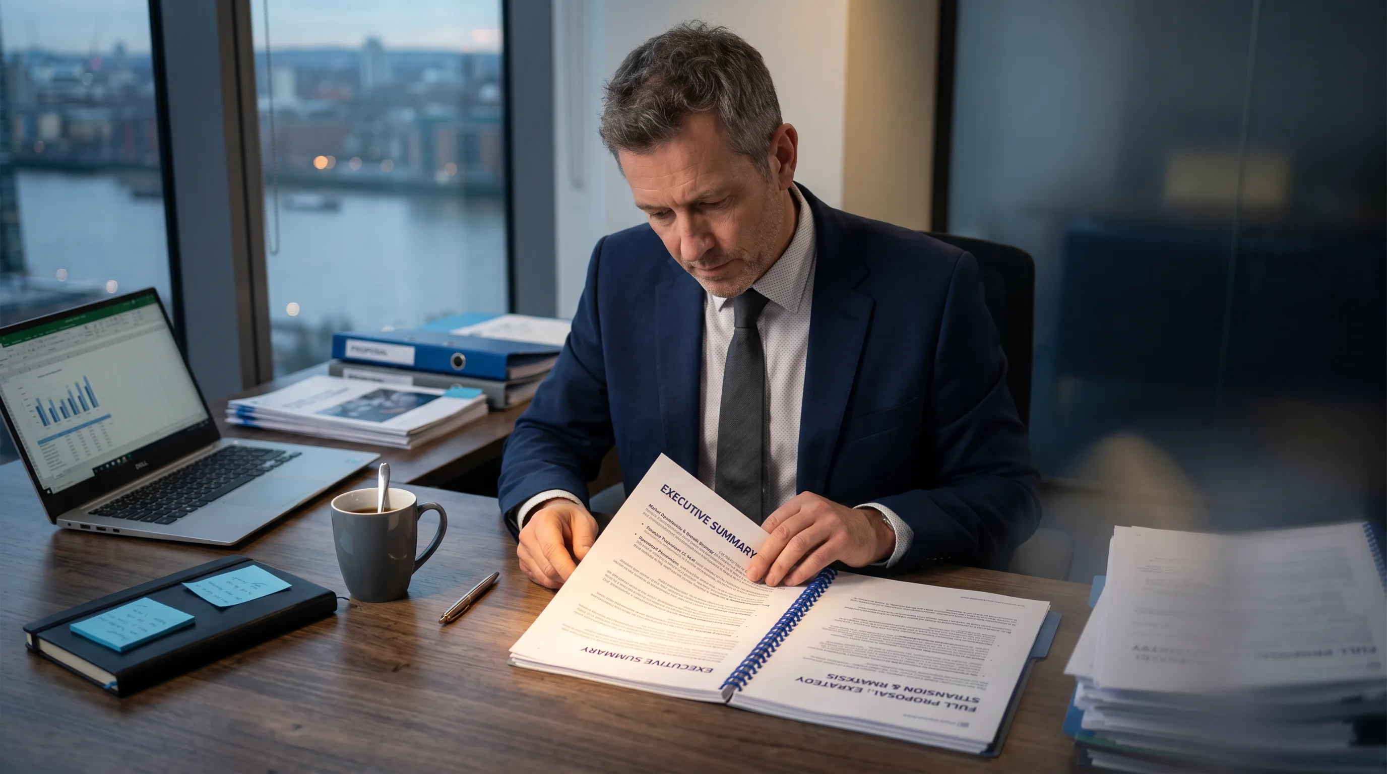 Business executive reading only the executive summary section of a proposal