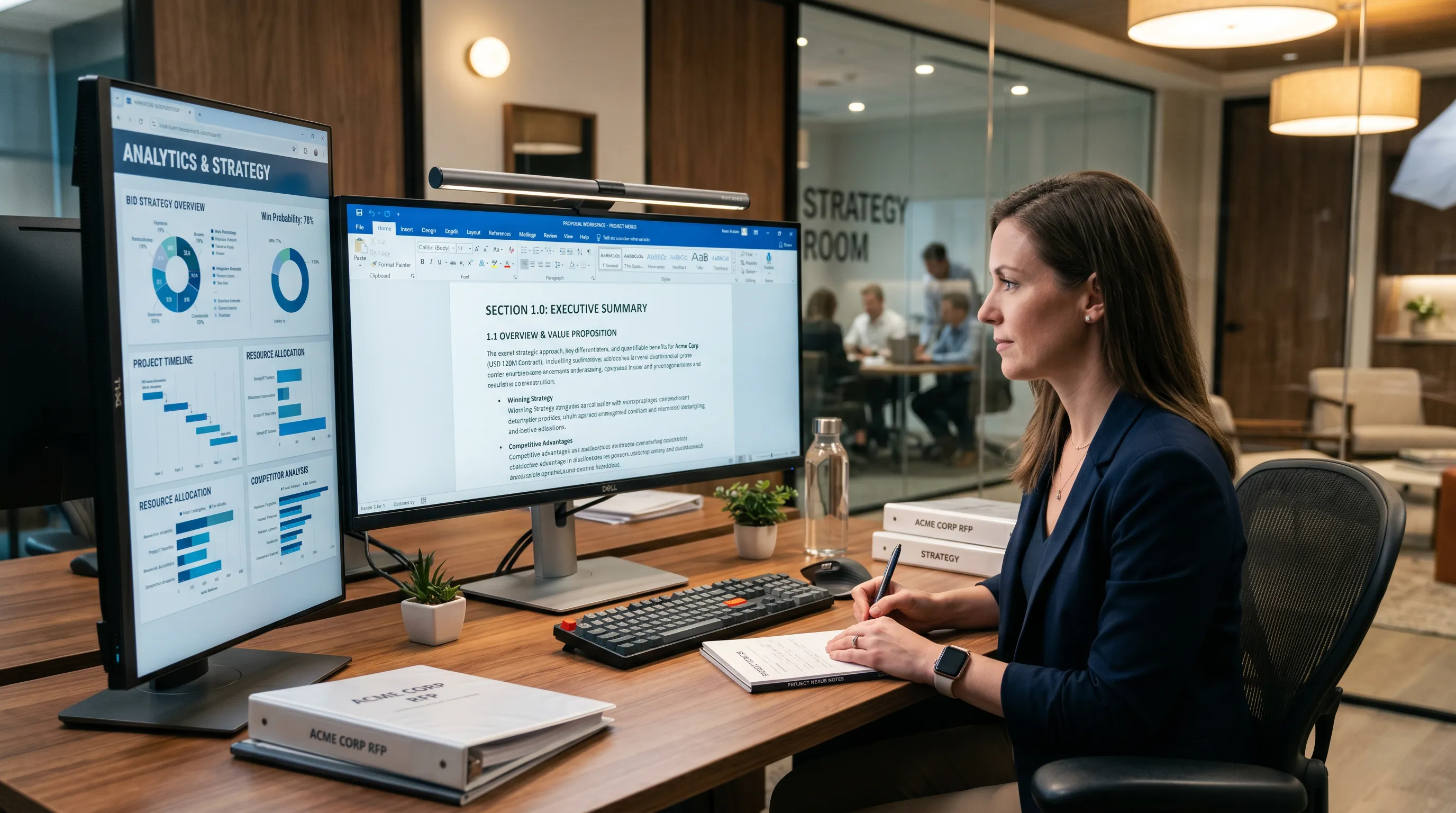 Proposal writer preparing a persuasive executive summary for a business bid